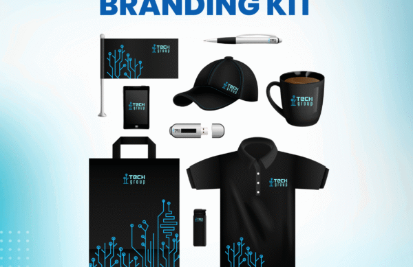An advertisement for Ogrojit's "Branding Kit" service, priced at 6500 Taka. The image displays a mock-up of various corporate merchandise items—including a polo shirt, cap, mug, and tote bag—all branded with a cohesive "Tech Group" logo.