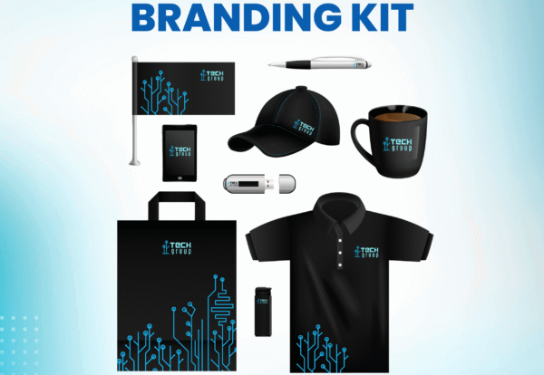 An advertisement for Ogrojit's "Branding Kit" service, priced at 6500 Taka. The image displays a mock-up of various corporate merchandise items—including a polo shirt, cap, mug, and tote bag—all branded with a cohesive "Tech Group" logo.