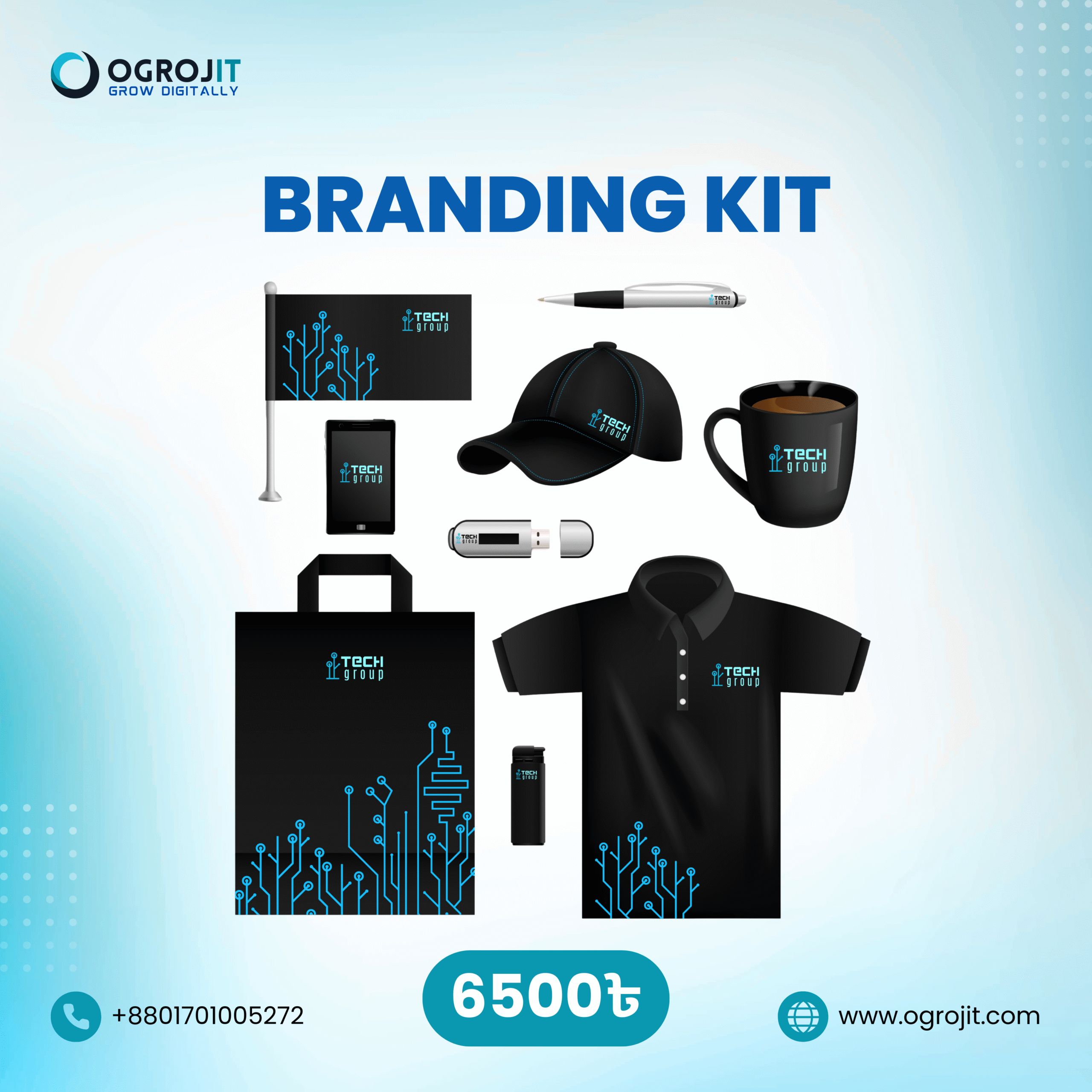 An advertisement for Ogrojit's "Branding Kit" service, priced at 6500 Taka. The image displays a mock-up of various corporate merchandise items—including a polo shirt, cap, mug, and tote bag—all branded with a cohesive "Tech Group" logo.