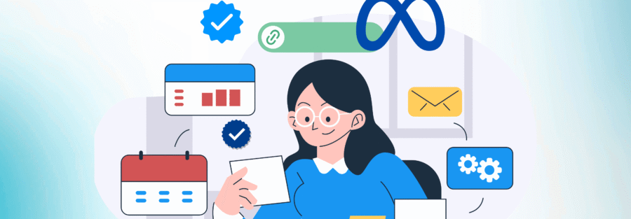 An illustrative promotional graphic for "Business Manager Setup" by the company Ogrojit. It features a woman at a desk organizing digital assets, with icons for Meta Business Manager, analytics, and calendars. The price is listed as 2000৳, with a contact number and website provided.