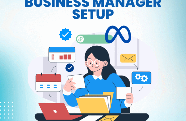 An illustrative promotional graphic for "Business Manager Setup" by the company Ogrojit. It features a woman at a desk organizing digital assets, with icons for Meta Business Manager, analytics, and calendars. The price is listed as 2000৳, with a contact number and website provided.