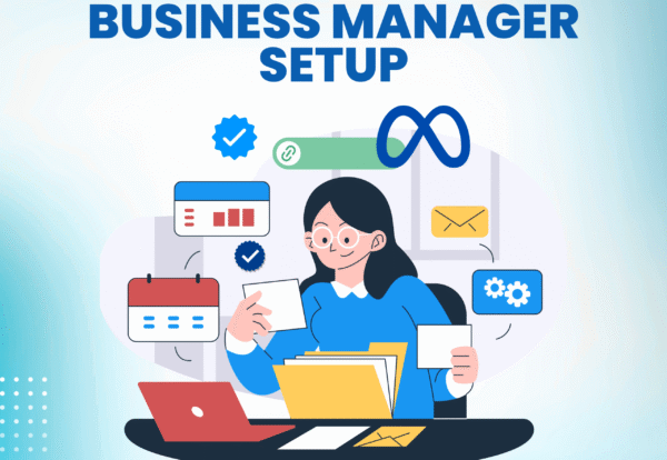 An illustrative promotional graphic for "Business Manager Setup" by the company Ogrojit. It features a woman at a desk organizing digital assets, with icons for Meta Business Manager, analytics, and calendars. The price is listed as 2000৳, with a contact number and website provided.