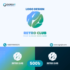 An advertisement for Ogrojit's logo design service, priced at 500 Taka. The image displays a modern, abstract logo concept for a fictional "Retro Club" on three different colored backgrounds to showcase its versatility.